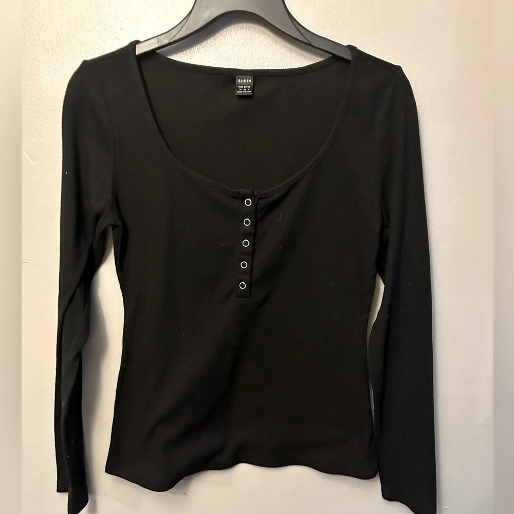 Shein Shirt - Black Scoop Neck Long Sleeve Snap Button Front